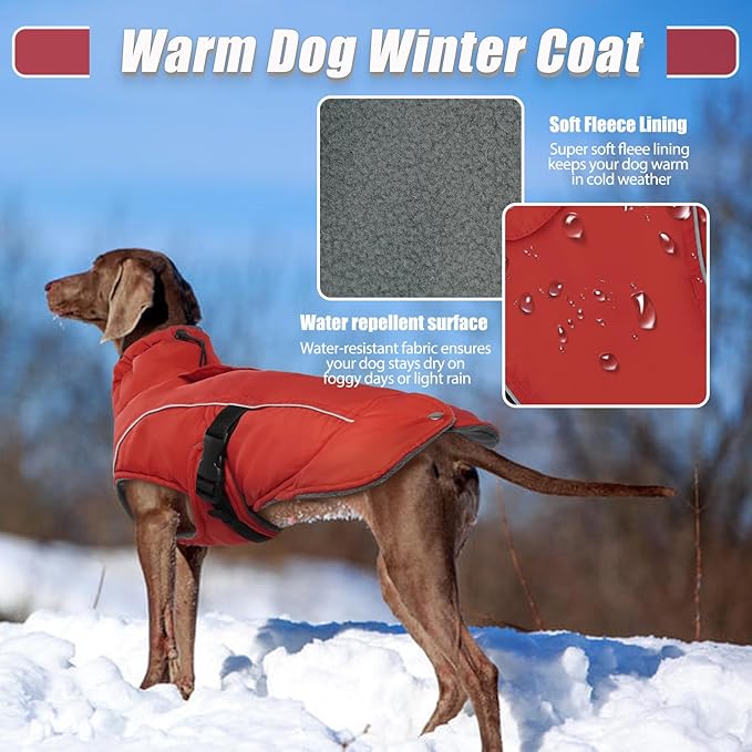 DENTRUN Extra Large Warm Dog Jacket - Windproof Water Repellent Reflective Coat, Adjustable Plush Turtleneck, Easy Wear Fleece Lined Cold Weather Vest for Great Dane, Red, XXXL