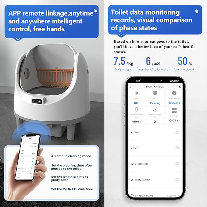 Self Cleaning Litter Box, Cat Litter Box Automatic Cleaning with APP Control, Eco-Friendly Odorless Waste Treatment with Bags Included, Large Waste Bin, Open-Top