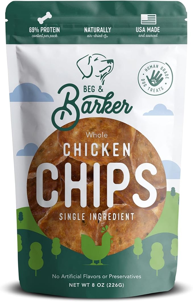 Beg & Barker Chicken Chips for Dogs (8oz, Pack of 1) - Single Ingredient Dog Treats Made for Small and Large Dogs Protein Human Grade Dog Treats Made from Real Meat Chicken, Made in USA