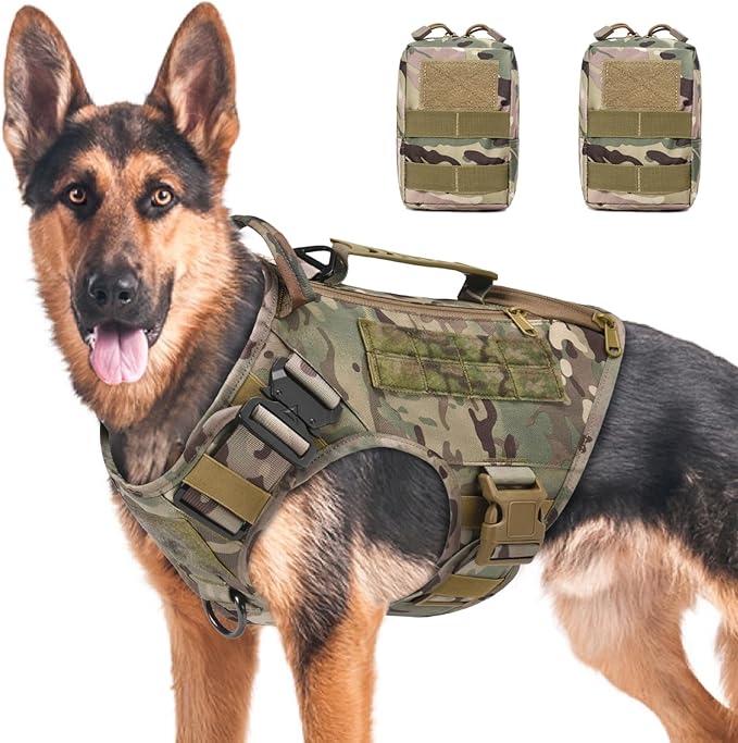 Tactical Dog Backpack Harness for Large Breed Original Design Metal Buckle Vest with Side Bags Pouches for Service Working Training (Camouflage(with 2 Pouches), M)