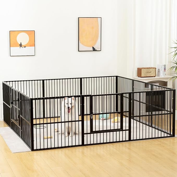 Dog Playpen - 32" Height Dog Pen, Heavy Duty Puppy Pen with Door, Safe & Sturdy, Easy Assemble for Indoor/Outdoor Pet Playpen (8 Panels with Door, Black)