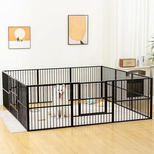 Dog Playpen - 32" Height Dog Pen, Heavy Duty Puppy Pen with Door, Safe & Sturdy, Easy Assemble for Indoor/Outdoor Pet Playpen (12 Panels with Door, Black)