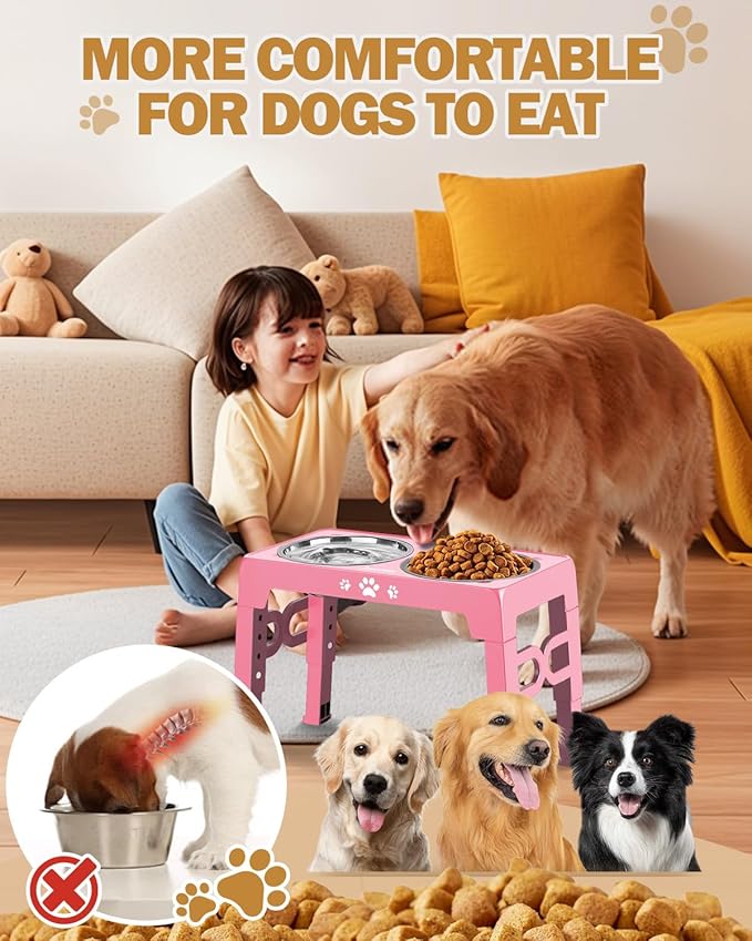 Elevated Dog Bowls, Dog Feeder with 2 Stainless Steel Dishes &1 Slow Feeder Bowl, 5 Heights Adjustable Raised Stand for Medium Large, Food Dishes with Non-Slip Feet