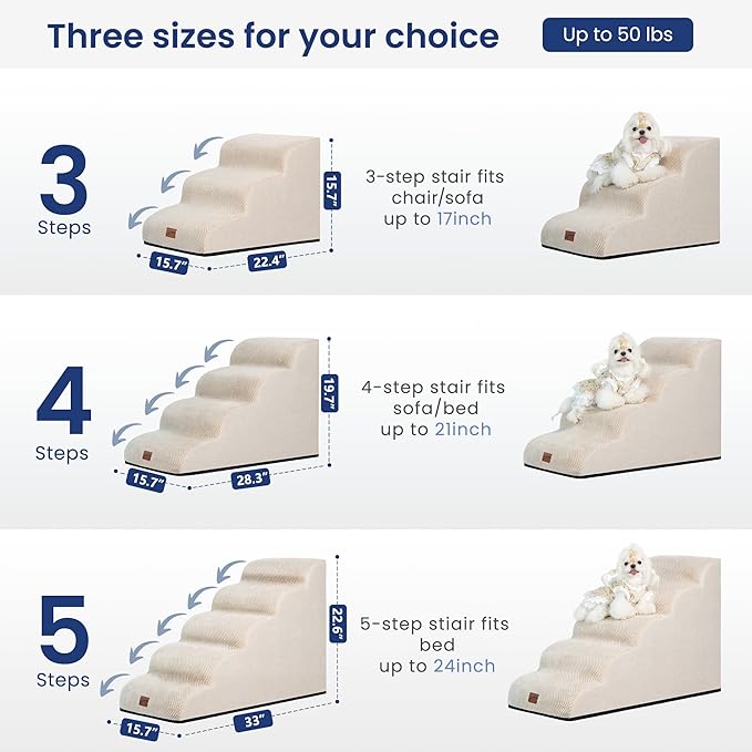 GoGoBunny Ramp Dog Stairs for Couch Sofa and Chair 15.7" H, 3-Step Pet Steps for Small Dogs and Cats, Non-Slip Waterproof Fabric Cover, Stable and Balanced Indoor Step, Pets Friendly, Beige