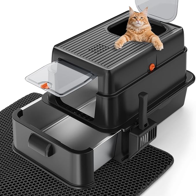 FURTIME Stainless Steel Litter Box with Lid, XL Extra Large Cat Litter Box for Big Cats, Enclosed Drawer Metal Litter Boxs with High Sided Enclosure & Mat, Front & Top Entry, Odor Free, Anti-Leakage