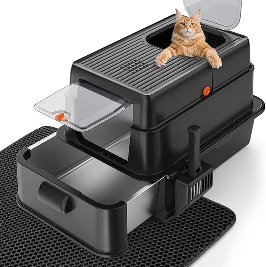 FURTIME Stainless Steel Litter Box with Lid, XL Extra Large Cat Litter Box for Big Cats, Enclosed Drawer Metal Litter Boxs with High Sided Enclosure & Mat, Front & Top Entry, Odor Free, Anti-Leakage