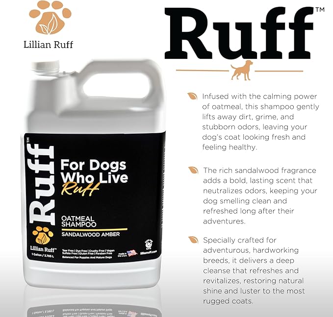 Ruff by Lillian Ruff Oatmeal Dog Shampoo Sandalwood Amber – Moisturizing Pet Shampoo with Aloe & Coconut Oil – Relieves Itching, Hot Spots & Odor – Puppy Safe – Made in USA (Gallon)