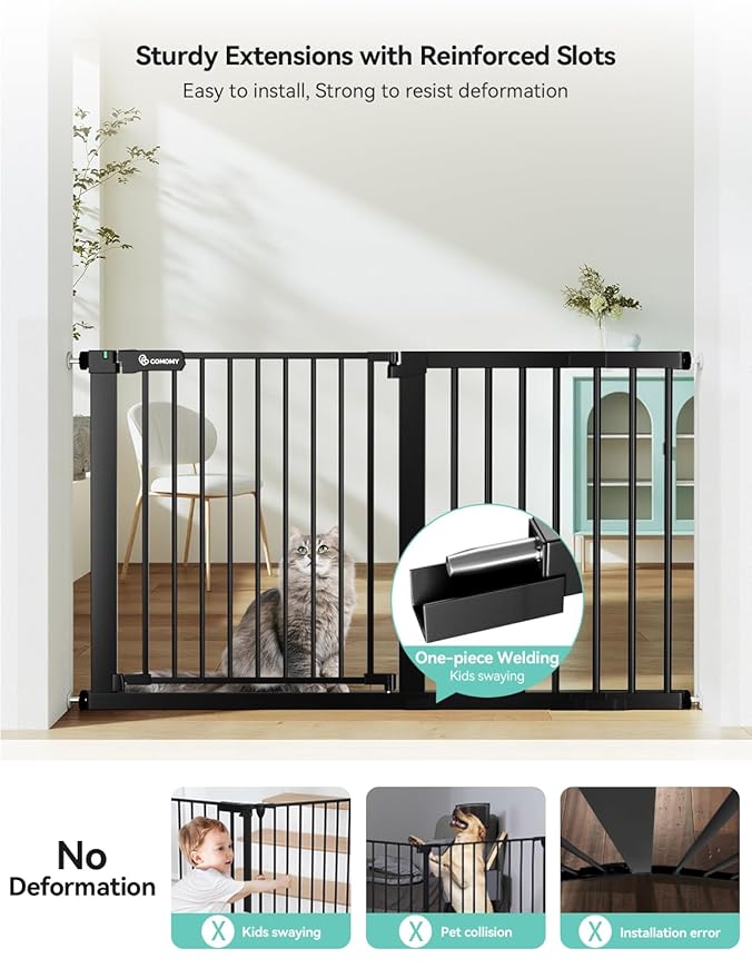 COMOMY 30" Tall Baby Gate for Stairs Doorways, Fits Openings 29.5" to 51.6" Wide, Auto Close Extra Wide Dog Gate for House, Pressure Mounted Easy Walk Through Pet Gate with Door, Black