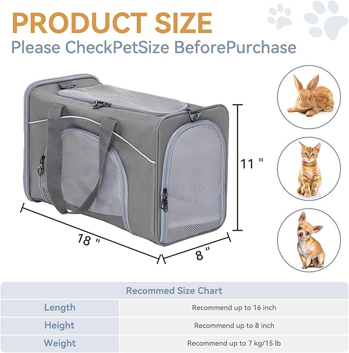 ‌Petsfit Airline Approved Pet Carrier for Small Dogs & Cats, 18x8x11 TSA Approved Carrier, with Removable Dual-Sided Padding (2-Way Placement) - Fits Under Most Airplane Seats, Escape Proof (Grey)