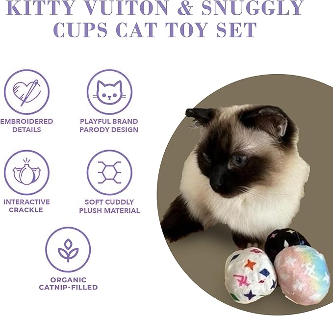 Vuiton Monogram Balls + Snuggly Cups Set, Plush Cat Toys Catnip Filled with Interactive Crackle Sound, Safe & Durable Toys for Cat & Kitten, 6 Pcs