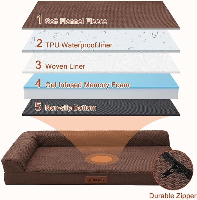 Orthopedic Dog Beds Large Sized Dog, Memory Foam Pet Bed for Large Dogs, Washable Removable Cover, Nonskid Bottom, Waterproof, 41x27x6 Inches, Brown Grey