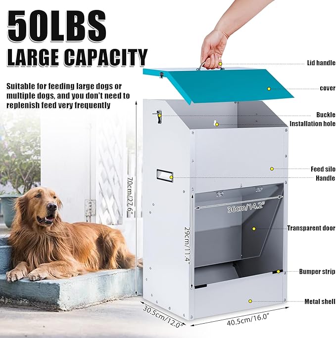 Automatic Dog Feeder for Large Dogs Outdoor 50Lbs Dog Food Dispenser Dog Feeding Station Galvanized Gravity Feeder Pet Feeder for Large Breed (50lbs)