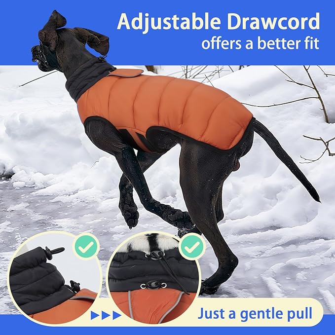 MIGOHI Lightweight Dog Puffer Jacket - Dog Winter Coat with Reflective Strips, Padded Vest with Harness Hole, Warm Snow Jacket Cold Weather, Easy On Hook & Loop Belly for Large Dogs, Caramel, 2XL