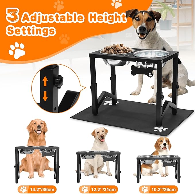 Elevated Dog Bowls, 3 Height Adjustable Metal Raised Bowl Stand with 2 Thick Stainless Steel Food Bowls & Spill-Proof Mat, Adjusts to 14.2'', 12.2'', 10.2'' for Large/Medium Breeds