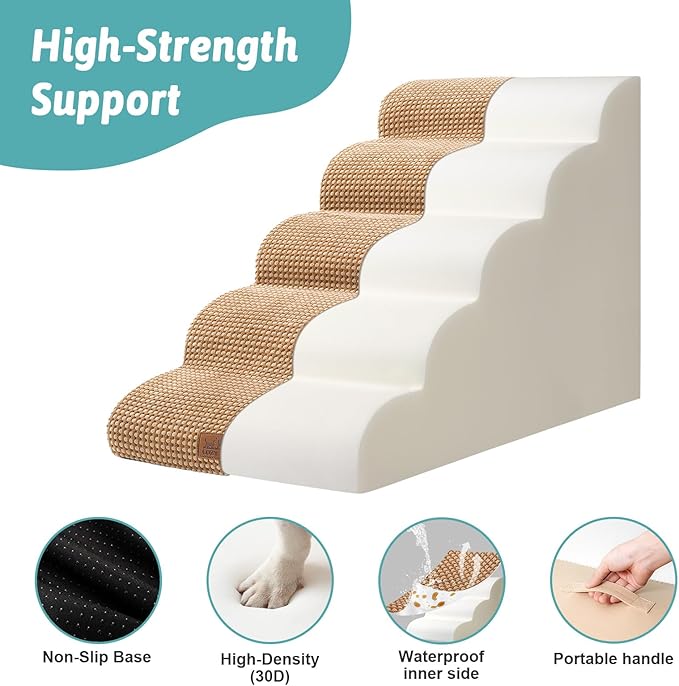 Extra Wide Dog Stairs 19.7" Width, Large Pet Step for Small Medium Dog, Puppy or Cat, Ramp for High Bed or Car, High Density Foam Ladder, Stable, 5 Step, 19.7x33x22.4 inch, Light Brown