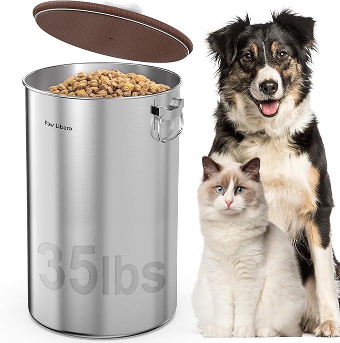 35 Lbs Stainless Steel Dog Food Storage Container with Airtight Wooden Lid & Ceramic Bone Handle, Large Metal Dog Food Bin, Pet Treat Jars for Dogs & Cats, Keep Fresh, Easy to Clean