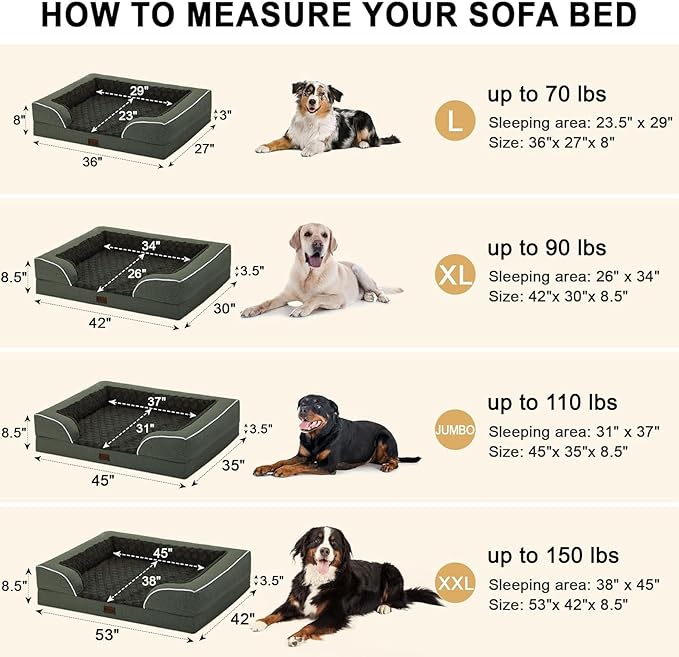 Orthopedic Dog Beds for Large Sized Dogs, Waterproof Memory Foam Large Pet Bed with Sides 36x27Inch, Non-Slip and Egg-Crate Foam Big Dog Couch Bed with Removable Washable Cover, Dark Green