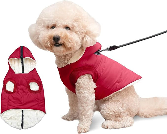 Fleece Lining Dog Hoodie with Harness Built in,Extra Warm Small Dog Jacket in Winter Puppy Coats with Hooded,Red M