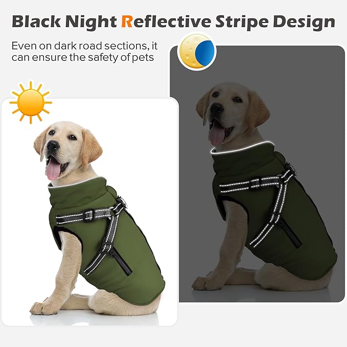 Dog Winter Coat with Harness Built-in | Waterproof Dog Jacket with Zipper & Fleece Lining | Reflective Cold Weather Coat for Small Medium Large Dogs