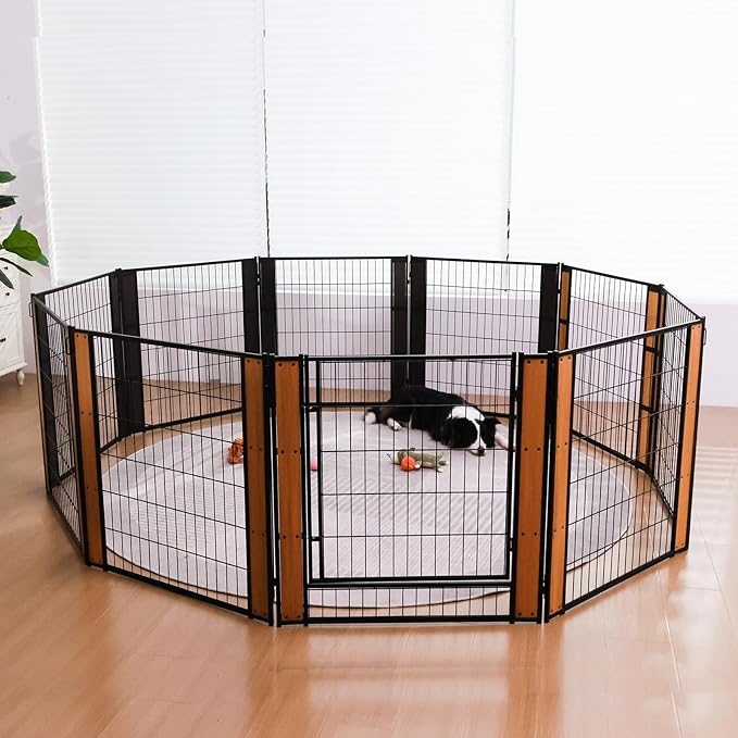 Heavy Duty Dog Playpen 32 Inch Height - Indoor Outdoor Pet Fence Enclosure for Medium and Small Dogs - Foldable Puppy Exercise Pen for Indoor and RV Camping or Yard (6 Panels, 32" H (Oak))
