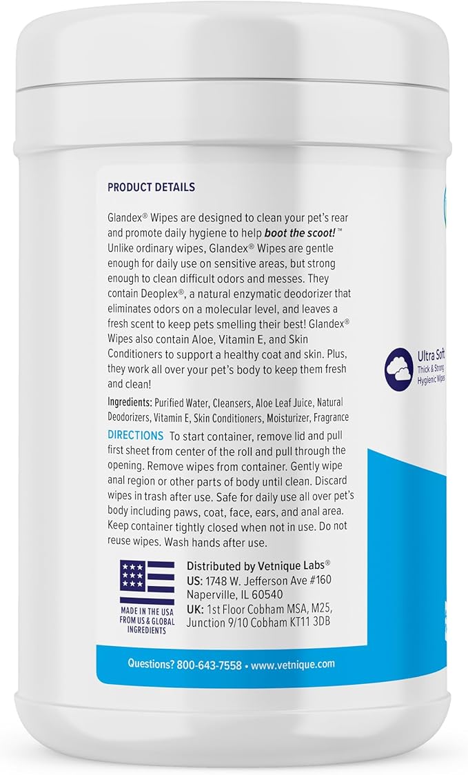 Vetnique Glandex Dog Wipes for Pets Cleansing & Deodorizing Anal Gland Hygienic Dog & Cat Wipes with Vitamin E, Skin Conditioners and Aloe (75ct)