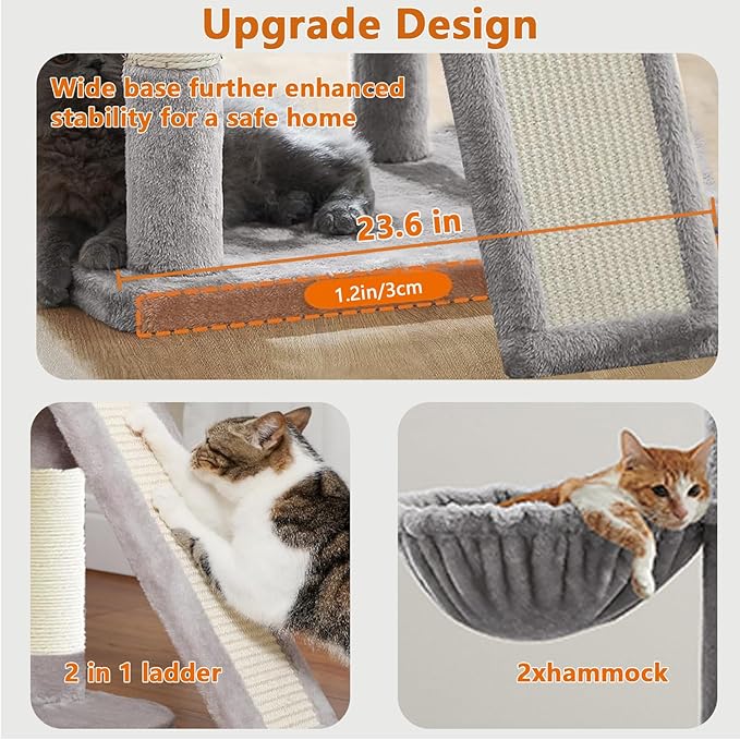 84.6in Cat Tree, Patent Fabric Multilevel Cat Tower for Adult Cats, Climbing Tree House and Towers with Condo Hammock Scratching Post Large Platform Wide Base (Light Gray, 84 in)