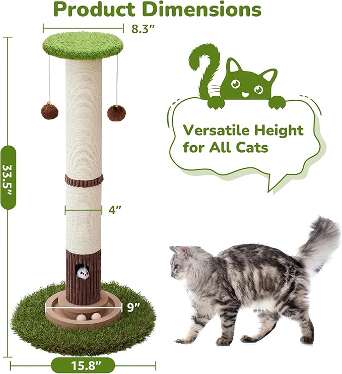Scratcher Posts for Adults Cats - 33" Tall Cat Scratching Post, Premium Sisal Post for Kittens, Cat Scratcher Tree with Reinforced Stable Base and Interactive Wooden Ball (Green)