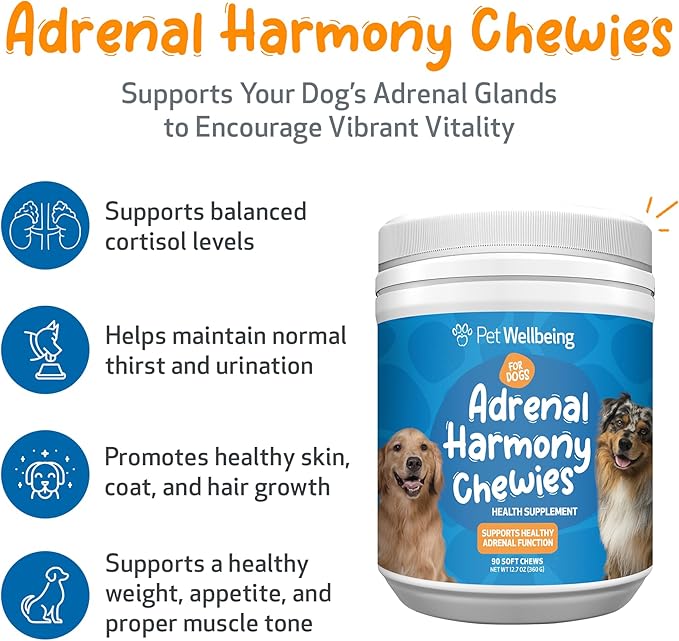 Pet Wellbeing Adrenal Harmony Chewies for Dogs - Vet-Formulated - Dog Adrenal Support, Cortisol Balance, Ashwagandha, Bacopa - Herbal Supplement (90 Soft Chews)