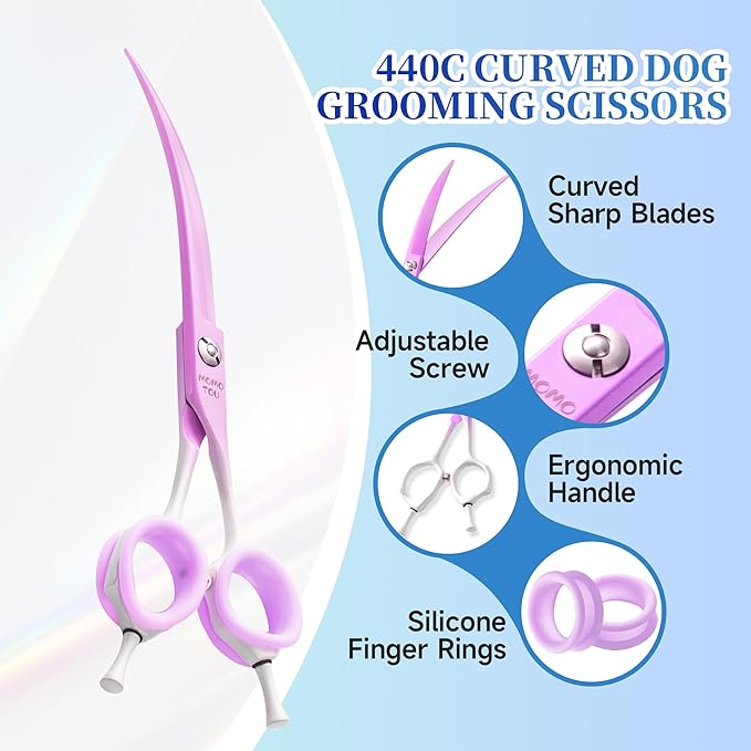 Curved Dog Grooming Scissors Violet to White Gradient 440C Stainless Steel Sharp Durable Dog Shears for Professional or Home Use Ergonomic Handle with 2 Silicone Finger Rings