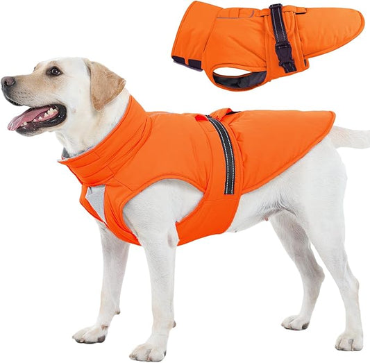 XXL Dog Coat, Warm Dog Winter Jacket, Waterproof Dogs Snowsuit With Foldable High Collar, Reflective Strips, Leash Hole, And Adjustable Hook & Loop Closure - Ideal For Cold Weather - Orange XXL