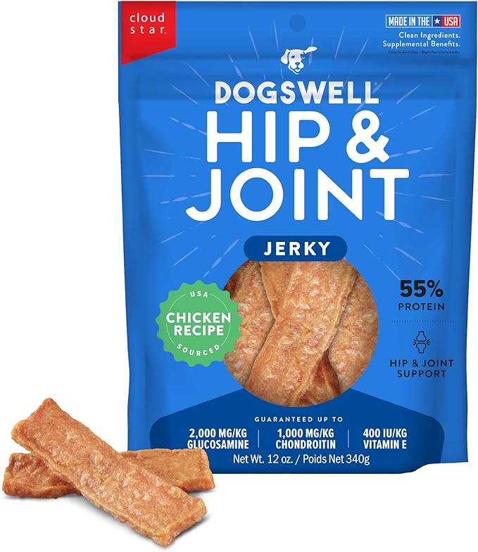 Dogswell Jerky Hip and Joint Dog Treats Grain Free Made in USA Only, Glucosamine and Chondroitin, 12 oz Chicken