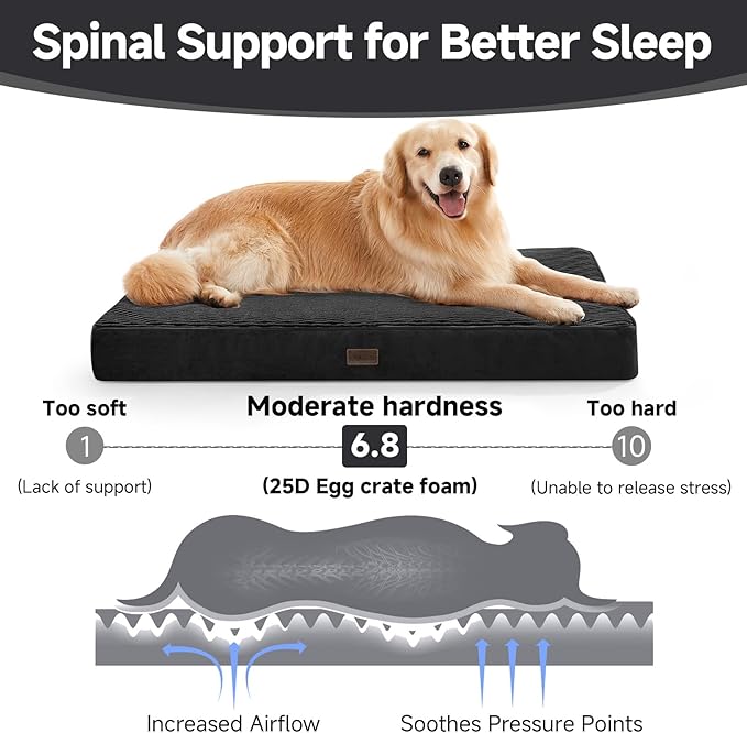 OhGeni Orthopedic Waterproof & Machine Washable Dog Bed for Large Pets, Suitable for Crates, Cat Mat with 25D Egg Crate Foam, Non-Slip Bottom & Removable Cover, 41 Inches(Black)
