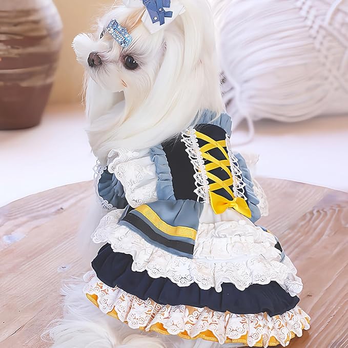 MengYu Princess Dresses for Small Dog Lolita Clothes for Cat Velvet Costume Pretty Lace Outfits Fall Costumes (Blue, XS)