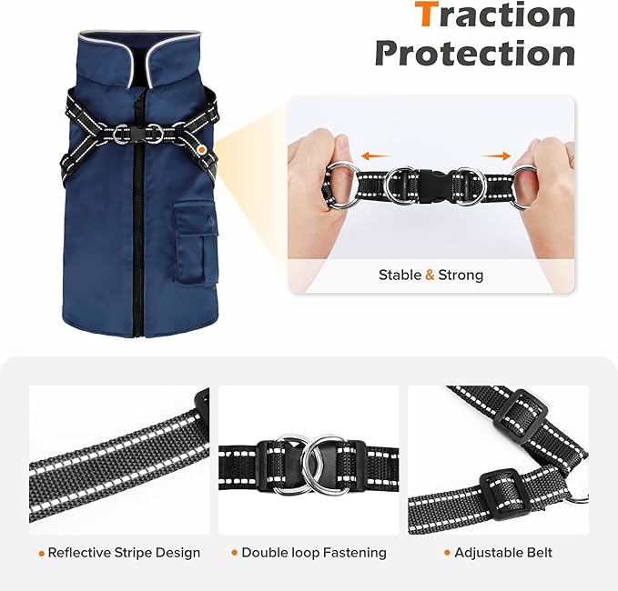Dog Winter Coat with Harness Built-in | Waterproof Dog Jacket with Zipper & Fleece Lining | Reflective Cold Weather Coat for Small Medium Large Dogs