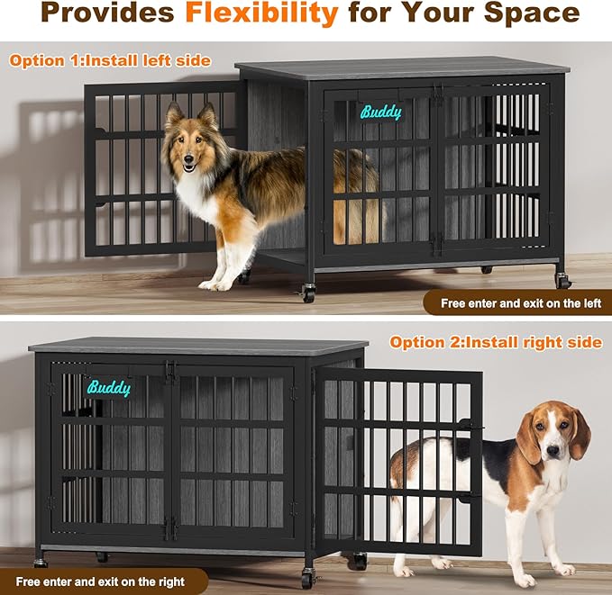 EasyCom 41"/33"/27" Dog Crate Furniture with Name Tag, Heavy Duty Dog Kennel Indoor for Medium Dogs, Double-Doors Sturdy Metal Dog Cage for Anxiety Dog, Decorate House as TV Stand, End Table