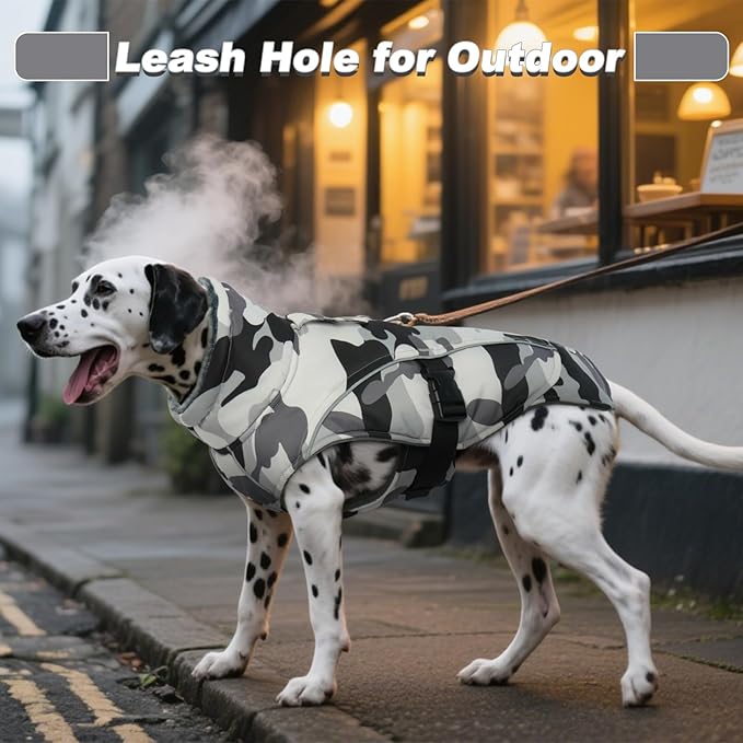 DENTRUN Extra Large Warm Dog Jacket - Windproof Water Repellent Reflective Coat, Adjustable Plush Turtleneck, Easy Wear Fleece Lined Cold Weather Vest for Great Dane, White Camo, XXXL