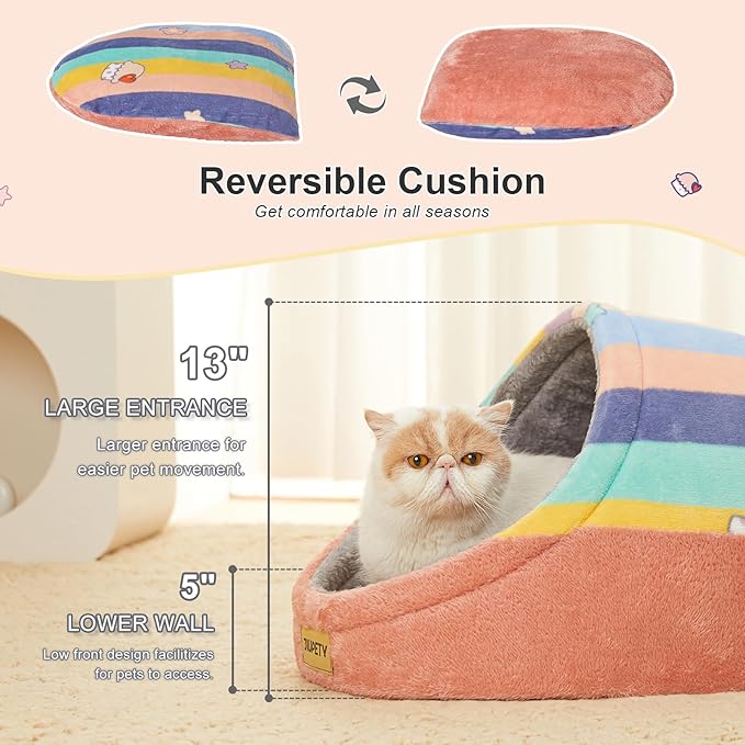 Jiupety Cute Cat Beds for Indoor Cats, Cat Cave Bed for Kittens, Hideaway Cat House & Tent with Anti-Slip Bottom, Washable Removable Cushion, M(16"x16"x13"), Rainbow