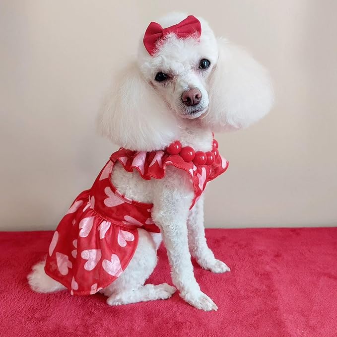 Fitwarm Valentine's Day Sweet Heart Dog Dress, Dog Holiday Outfit, Red, Pink, Medium