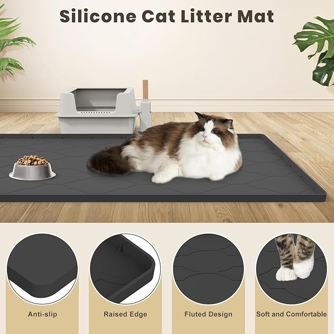 Cat Mat for Litter Box, 34" X 22" Large Silicone Cat Litter Trapping Mat, Easy Clean for Scatter Control, Soft on Kitty Paws, Waterproof, Urine-Proof, Non-Slip Kitty Litter Mat for Floor, Black