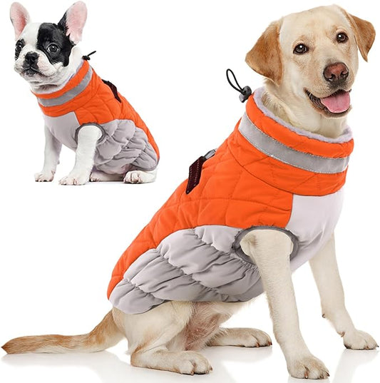 AOFITEE Dog Coat, Warm Dog Winter Coat, Reflective Turtleneck Large Dogs Jacket with Harness Built in, Turtleneck Pet Winter Jacket, Waterproof Pet Snow Jackets Fleece Vest, Orange XL