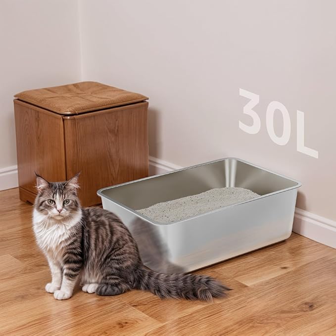 Stainless Steel Litter Box,Metal Litter Box for Big Cats 8IN Deep, Cat Litterbox 2 Pack Easy to Clean-High Sided,Stainless Steel CatLitters Box for Adult Cats,Non Stick, No Smell