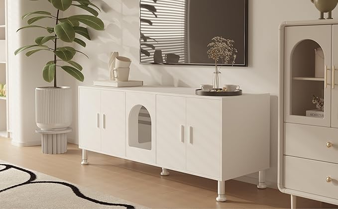 Double Litter Box Enclosure, Litter Box Enclosure for 2 Litter Boxes, Modern Litter Box Furniture for 2 Cats, with Cat Door & Motion Light (White)