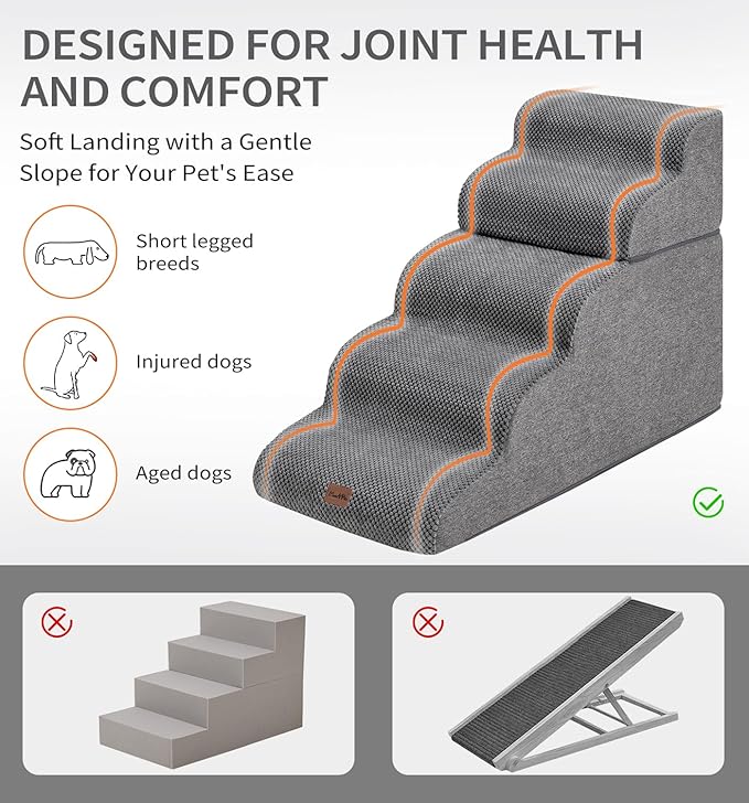 Made4Pets Dog Stairs Ramp for High Bed, 5-Step Pet Stairs for Bed Couch Sofa Climbing, 35D Foam Pet Steps for Small Dogs and Cats, Non-Slip Bottom Dog Steps, Grey