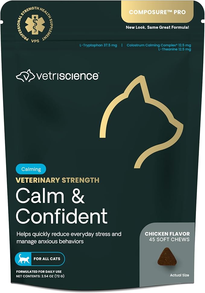 VetriScience Veterinary Strength Calm & Confident Chews - Stress Supplement for Cats - Supports Brain Function for Cats - with L-Theanine, Thiamine & More - 45 Count