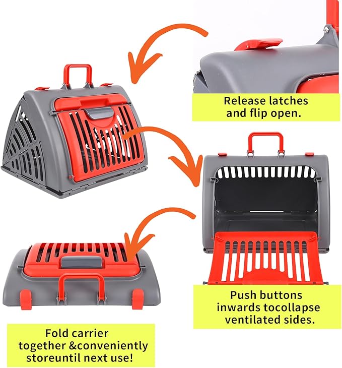 Foldable Travel Cat Carrier, Small Cat Carrier Hard Up to 25lbs, 18" Lx14.5 Wx14 H Front Open Type Plastic Cat Carriers, Red