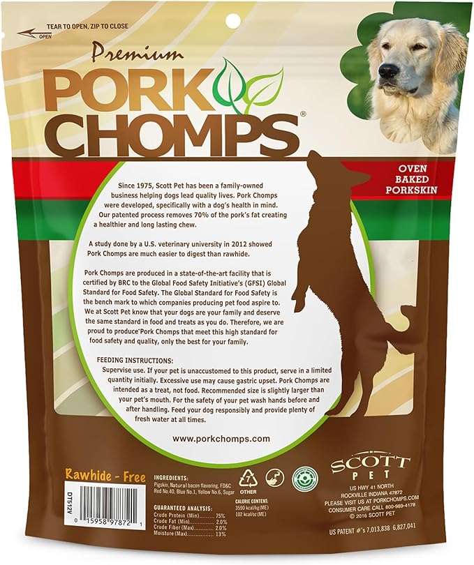 Pork Chomps Baked Pork Skin Dog Chews, 6-inch Knots, Bacon Flavor Strip, 8 Count