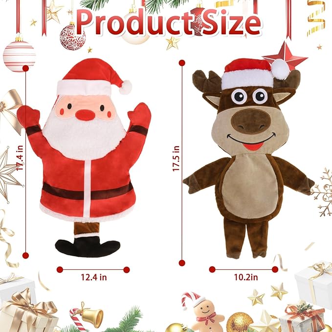 BINGPET Dog Squeaky Toys, 2 Pack No Stuffing Christmas Dog Toys, Reindeer & Santa Interactive Plush with Squeaky Ball and Crinkle Paper, Durable Holiday Fun for Small Medium Large Dogs