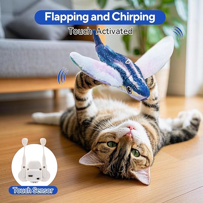 AUSCAT Flappy Fish Cat Toy, Simulated Chirping Floppy Fish Cat Toy Flapping Wings, Rechargeable，Interactive Catnip Toys for Indoor Cats (No Flying)