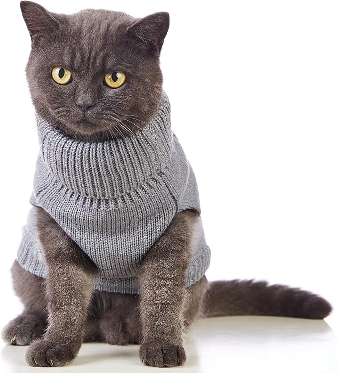 Stretchy Cat Sweater - 17 Colors & 6 Sizes | Snug Winter-Ready Knit for Boy/Girl Cats & Kittens(Grey, Large)