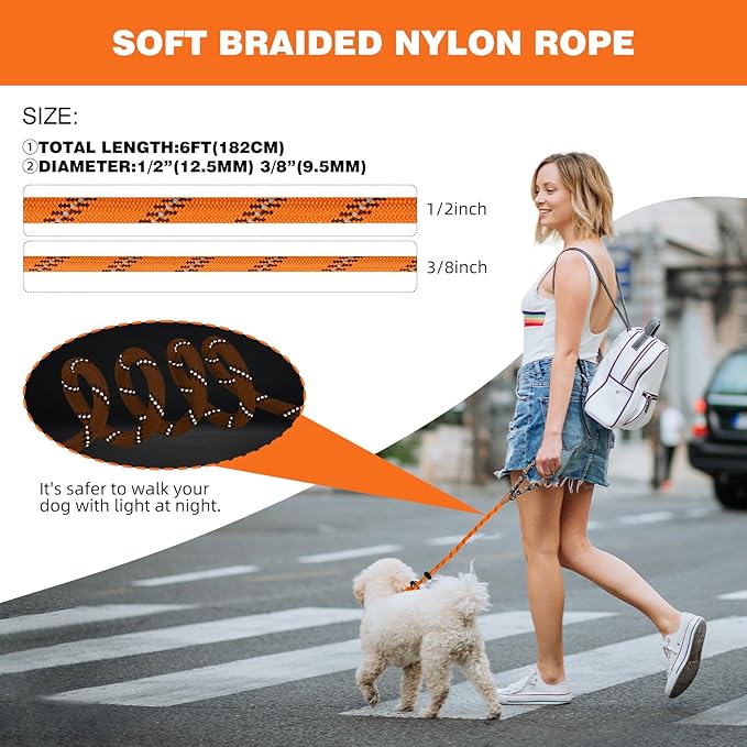 lynxking Slip Lead Dog Leash Reflective, Heavy Duty Comfortable Strong Rope for Large Medium Small Dogs No Pull Pet Training (Orange, 2PCS Large 1/2in x 6ft)